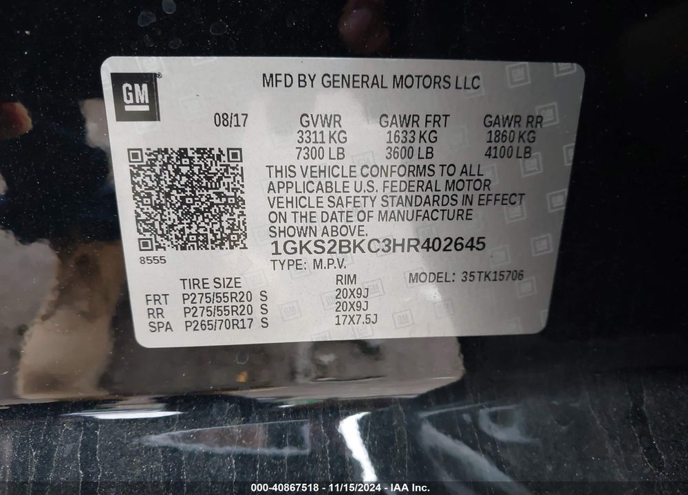 2017 GMC YUKON SLT VIN: 1GKS2BKC3HR402645