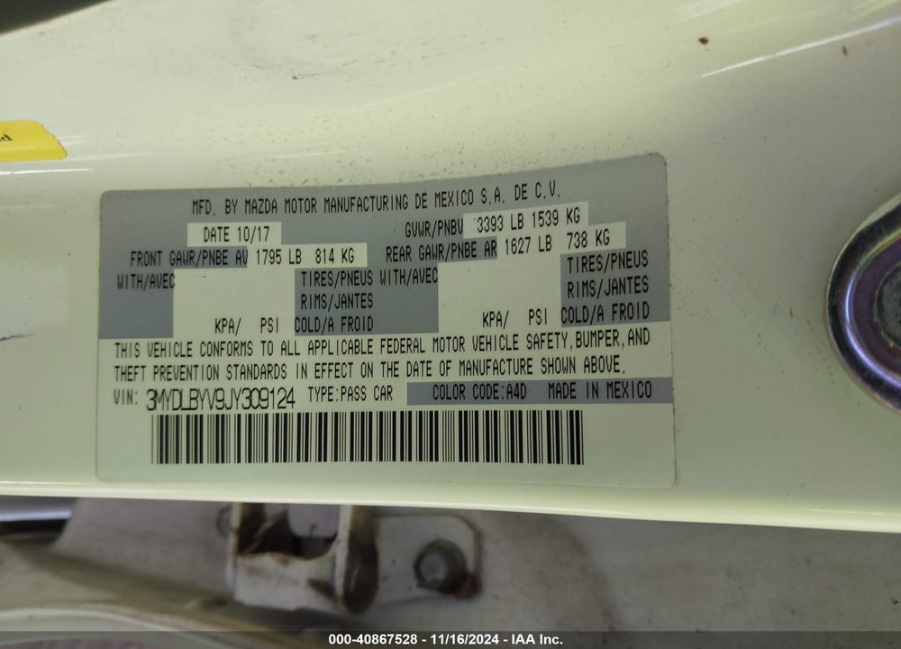 2018 TOYOTA YARIS IA VIN: 3MYDLBYV9JY309124