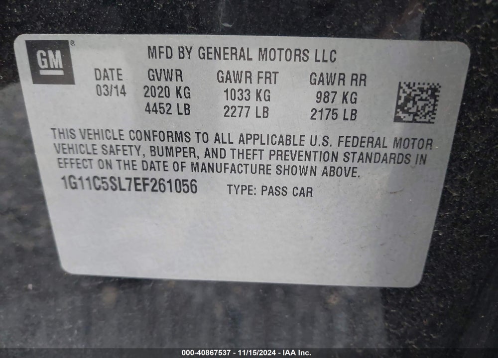 2014 CHEVROLET MALIBU 1LT VIN: 1G11C5SL7EF261056