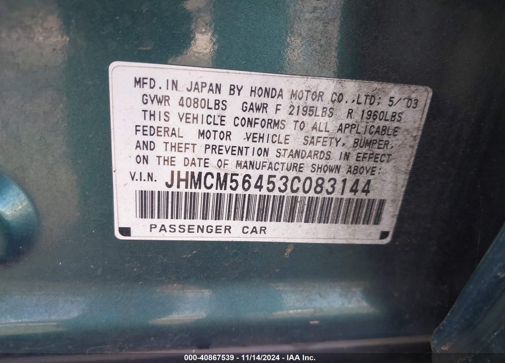 2003 HONDA ACCORD 2.4 LX VIN: JHMCM56453C083144