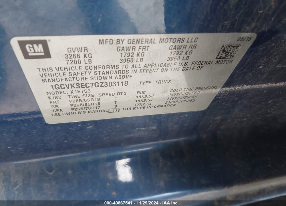2016 CHEVROLET SILVERADO 1500 2LZ VIN: 1GCVKSEC7GZ303118
