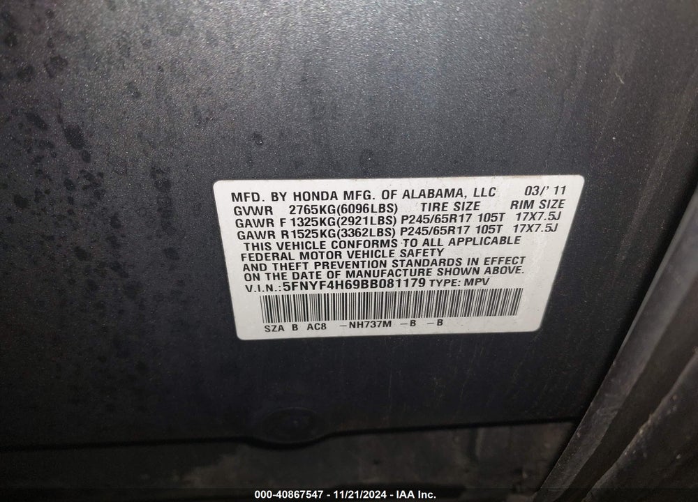 2011 HONDA PILOT EX-L VIN: 5FNYF4H69BB081179
