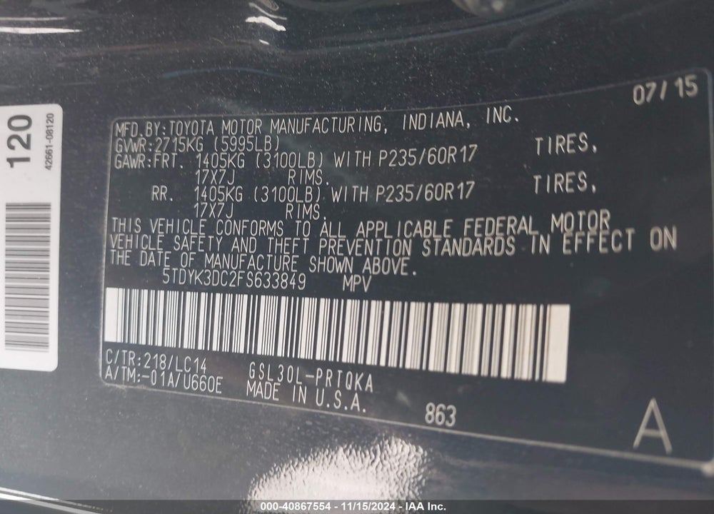 2015 TOYOTA SIENNA XLE LIMITED VIN: 5TDYK3DC2FS633849
