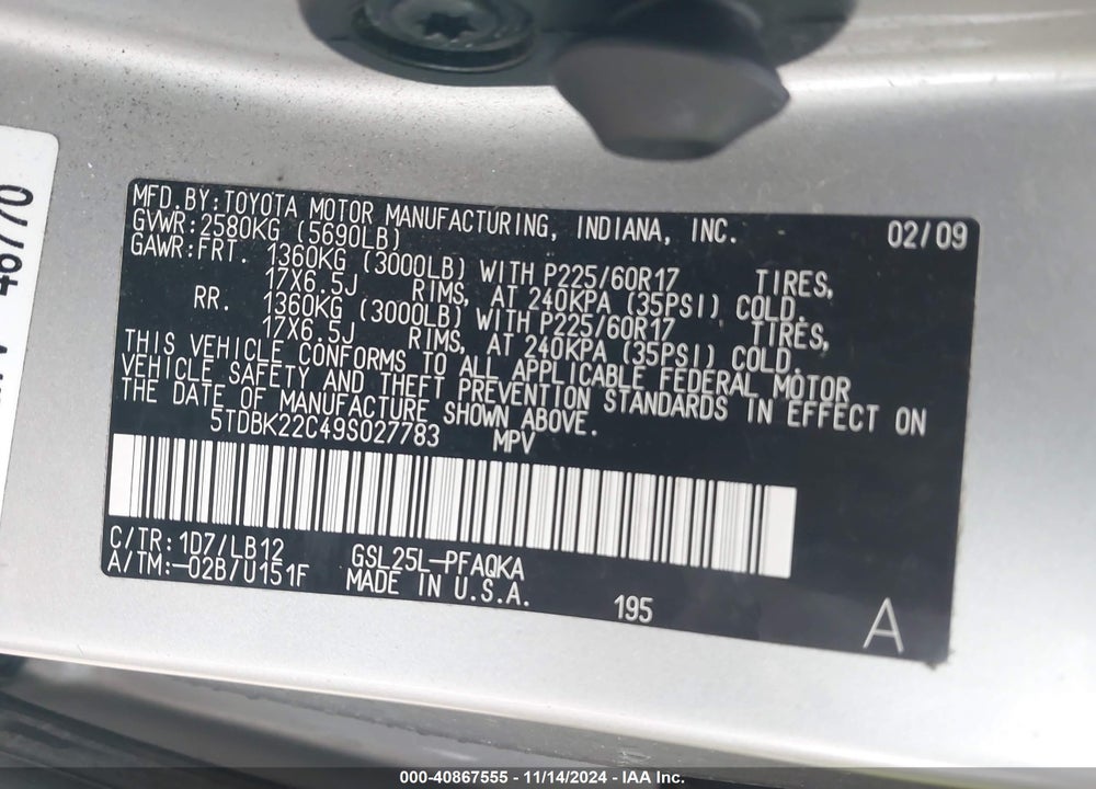 2009 TOYOTA SIENNA LIMITED VIN: 5TDBK22C49S027783