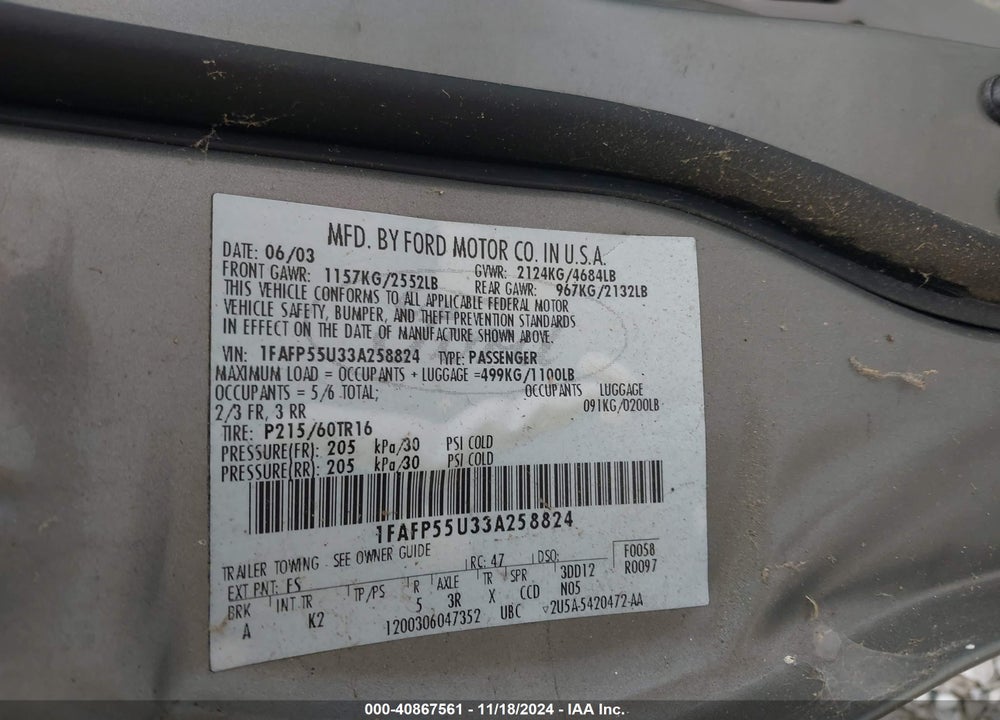 2003 FORD TAURUS SES VIN: 1FAFP55U33A258824