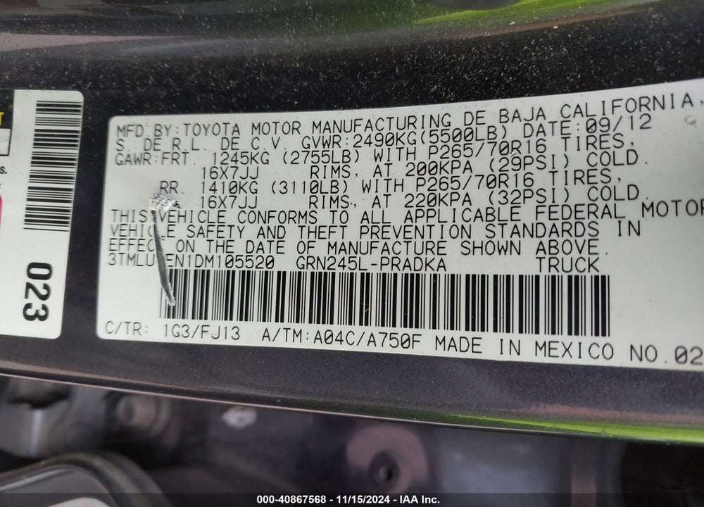 2013 TOYOTA TACOMA DOUBLE CAB VIN: 3TMLU4EN1DM105520
