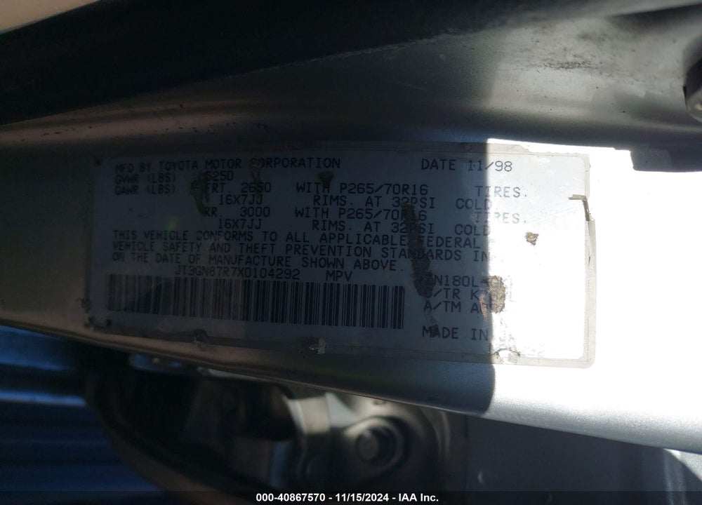 1999 TOYOTA 4RUNNER LIMITED V6 VIN: JT3GN87R7X0104292