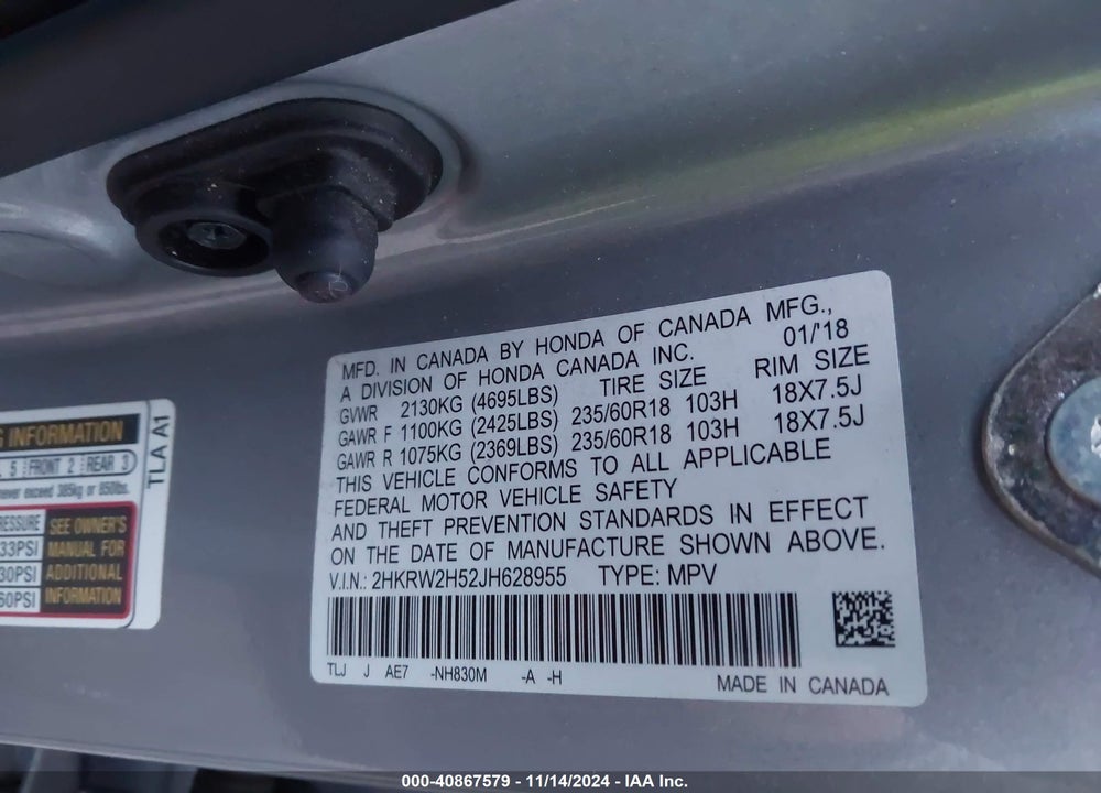 2018 HONDA CR-V EX VIN: 2HKRW2H52JH628955