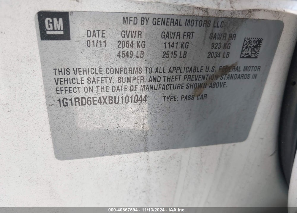 2011 CHEVROLET VOLT VIN: 1G1RD6E4XBU101044