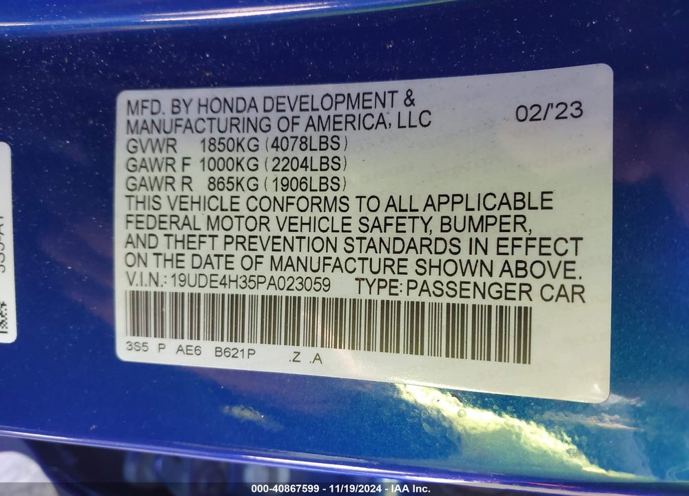 2023 ACURA INTEGRA A-SPEC VIN: 19UDE4H35PA023059