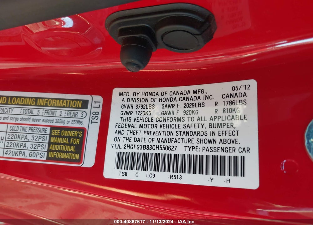 2012 HONDA CIVIC EX VIN: 2HGFG3B83CH550627