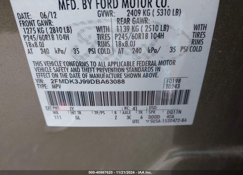 2013 FORD EDGE SEL VIN: 2FMDK3J99DBA63088