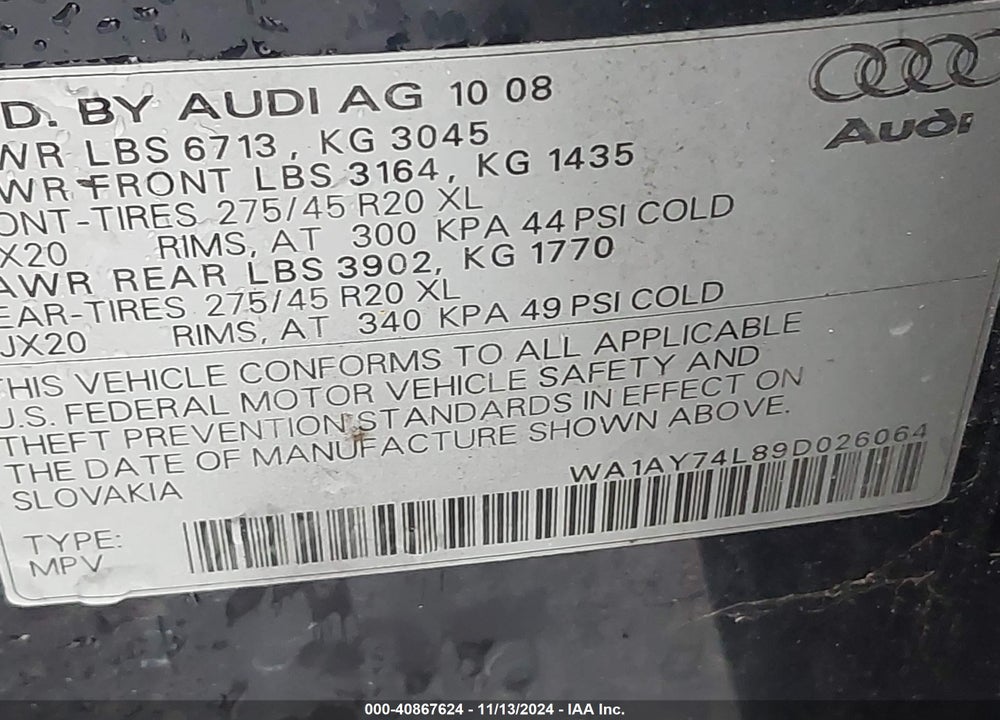 2009 AUDI Q7 3.6 PREMIUM VIN: WA1AY74L89D026064