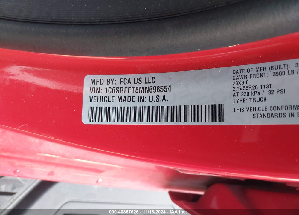 2021 RAM 1500 VIN: 1C6SRFFT8MN698554
