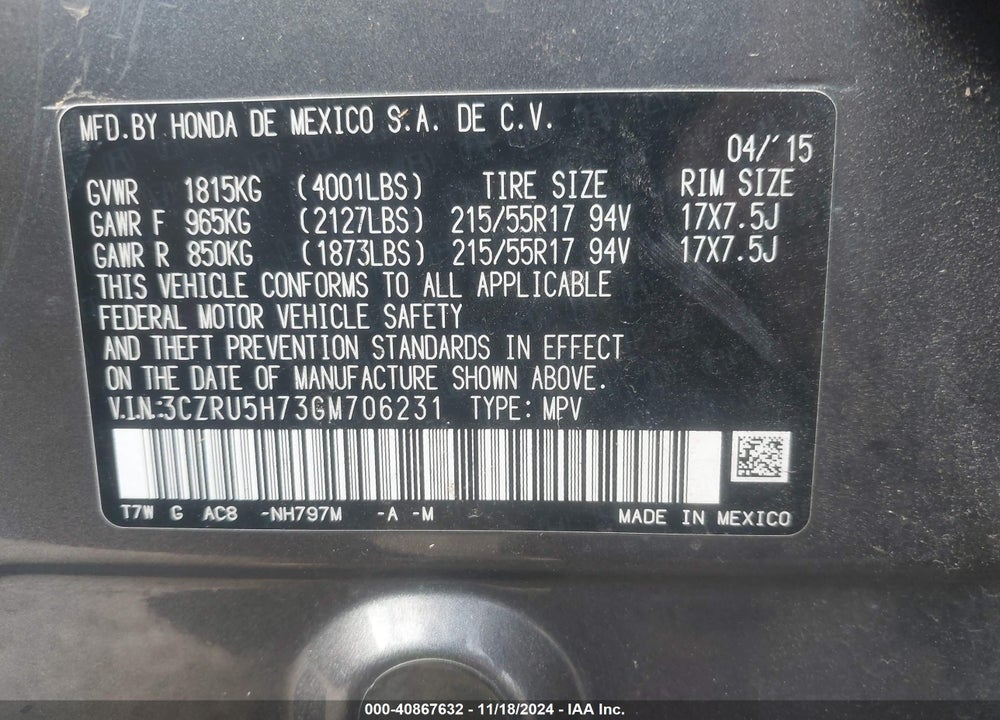 2016 HONDA HR-V EX-L VIN: 3CZRU5H73GM706231