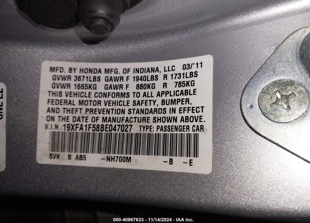 2011 HONDA CIVIC VIN: 19XFA1F58BE047027