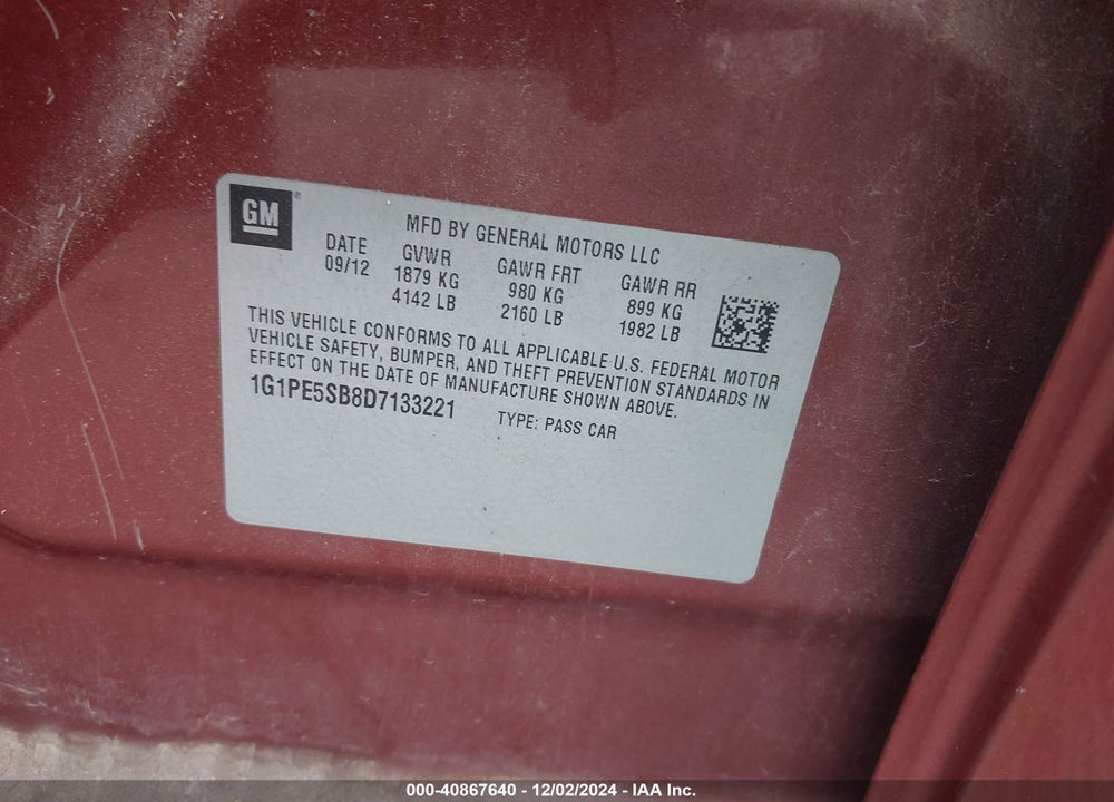 2013 CHEVROLET CRUZE 2LT AUTO VIN: 1G1PE5SB8D7133221
