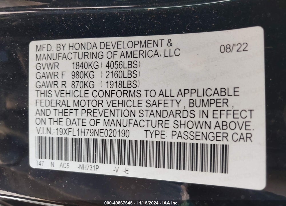 2022 HONDA CIVIC EX-L VIN: 19XFL1H79NE020190