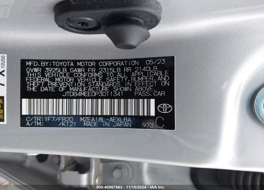 2023 TOYOTA COROLLA LE VIN: JTDB4MEE0P3011341