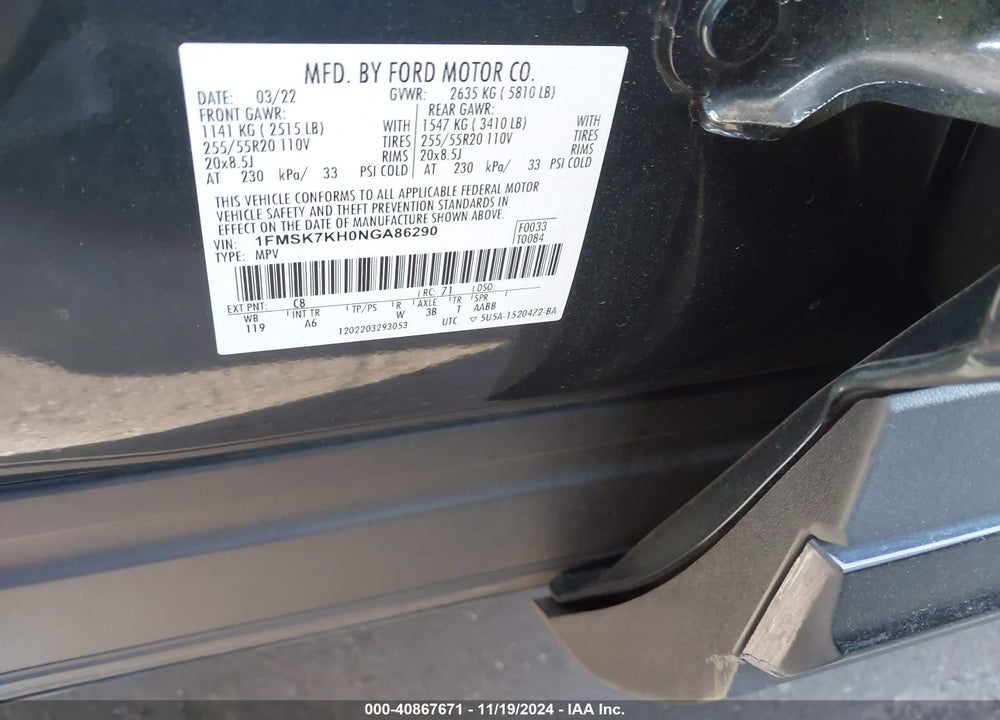 2022 FORD EXPLORER ST-LINE VIN: 1FMSK7KH0NGA86290
