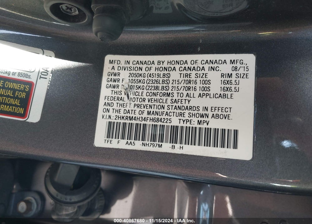 2015 HONDA CR-V LX VIN: 2HKRM4H34FH684225