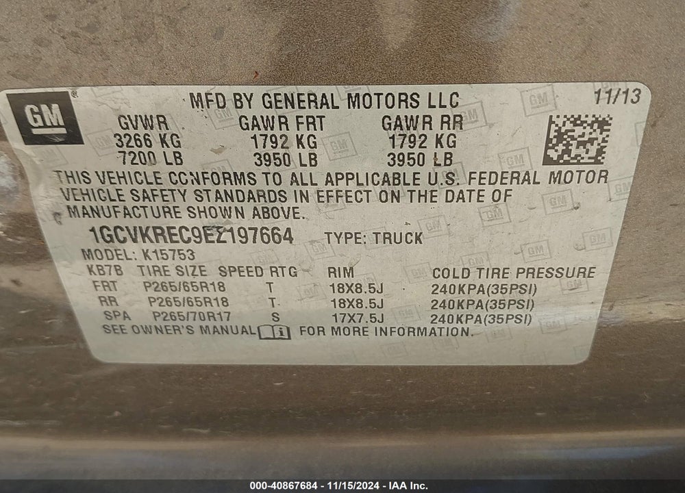 2014 CHEVROLET SILVERADO 1500 2LT VIN: 1GCVKREC9EZ197664