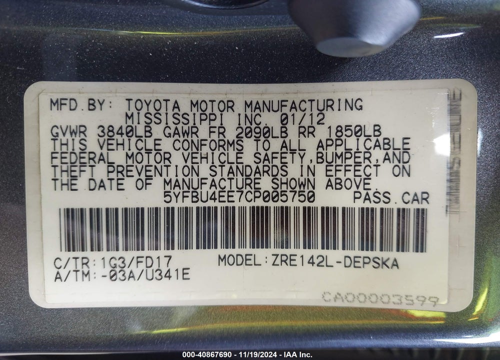 2012 TOYOTA COROLLA S VIN: 5YFBU4EE7CP005750