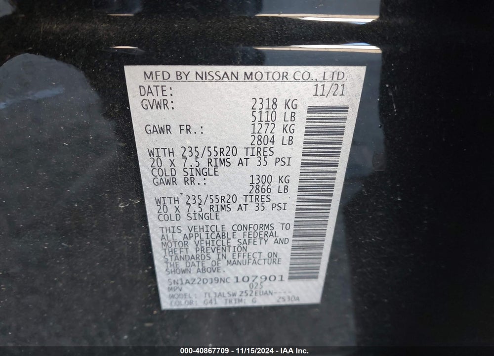2022 NISSAN MURANO PLATINUM FWD VIN: 5N1AZ2DJ9NC107901