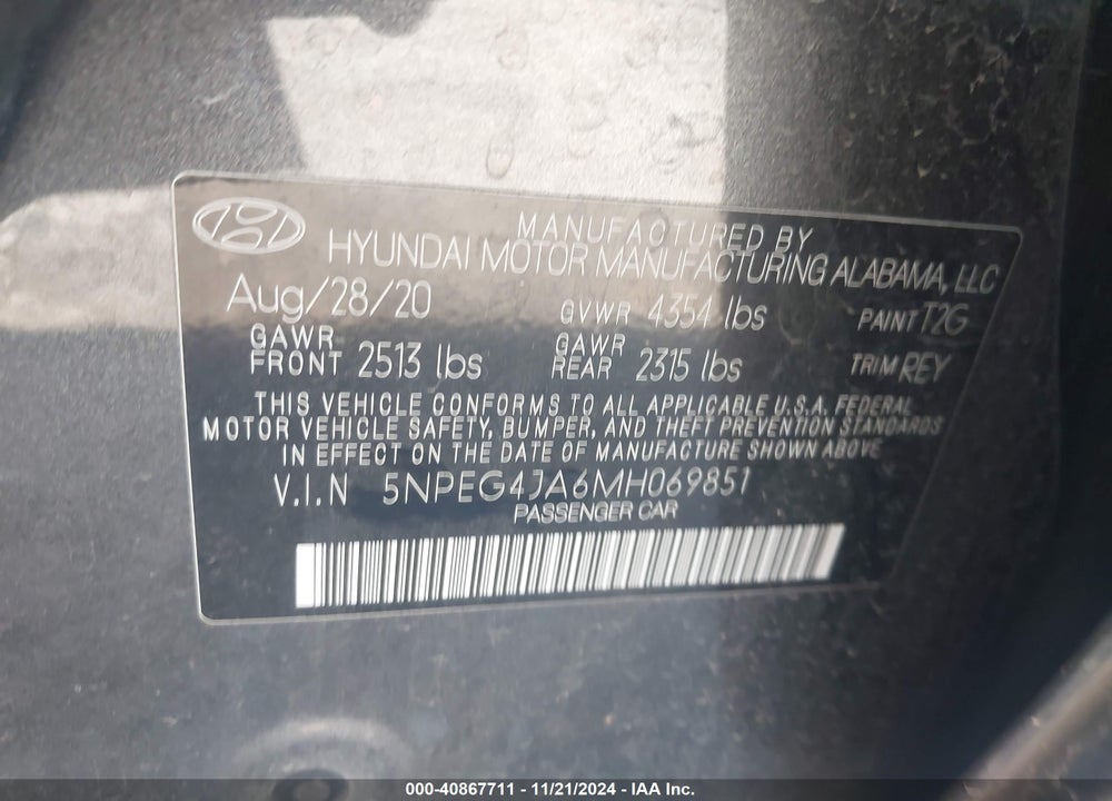 2021 HYUNDAI SONATA SE VIN: 5NPEG4JA6MH069851