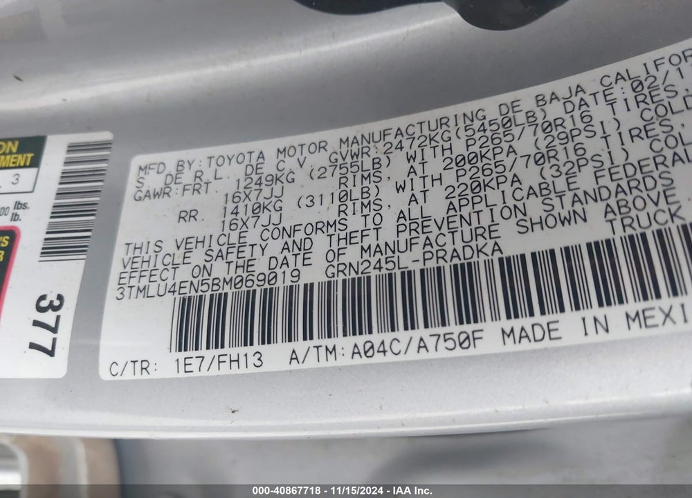 2011 TOYOTA TACOMA DOUBLE CAB VIN: 3TMLU4EN5BM069019