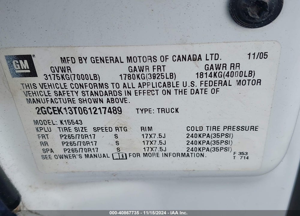 2006 CHEVROLET SILVERADO 1500 VIN: 2GCEK13T061217489