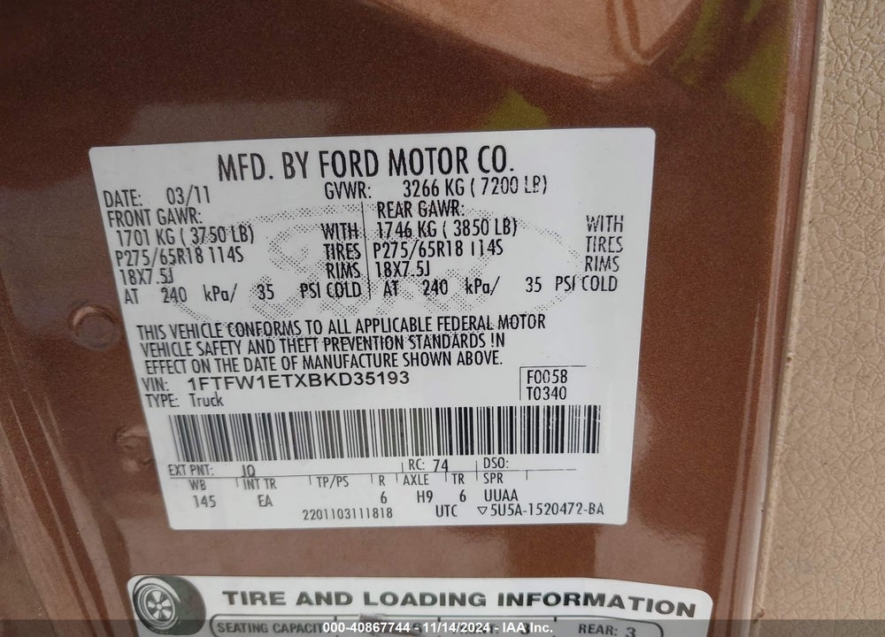 2011 FORD F-150 LARIAT VIN: 1FTFW1ETXBKD35193