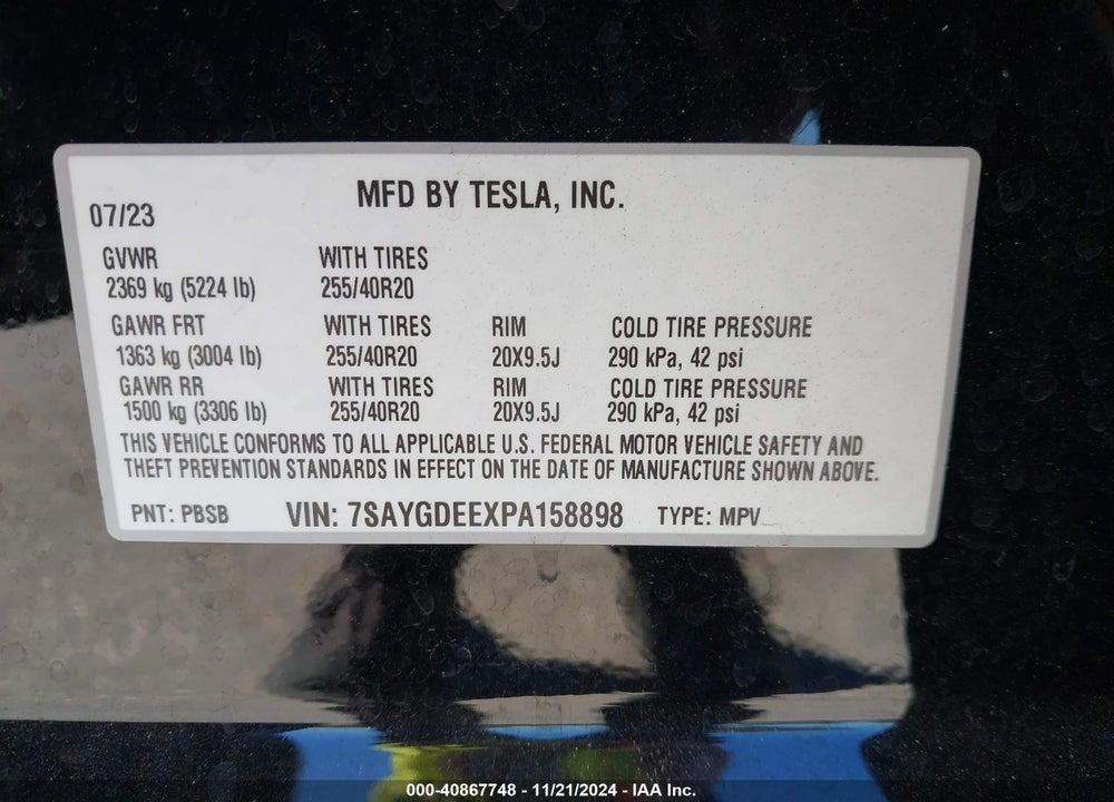 2023 TESLA MODEL Y AWD/LONG RANGE DUAL MOTOR ALL-WHEEL DRIVE VIN: 7SAYGDEEXPA158898
