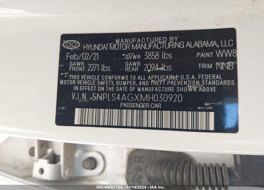 2021 HYUNDAI ELANTRA SEL VIN: 5NPLS4AGXMH030920