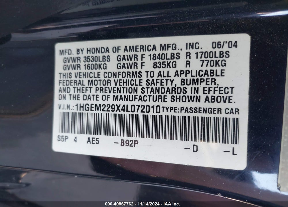 2004 HONDA CIVIC EX VIN: 1HGEM229X4L072010