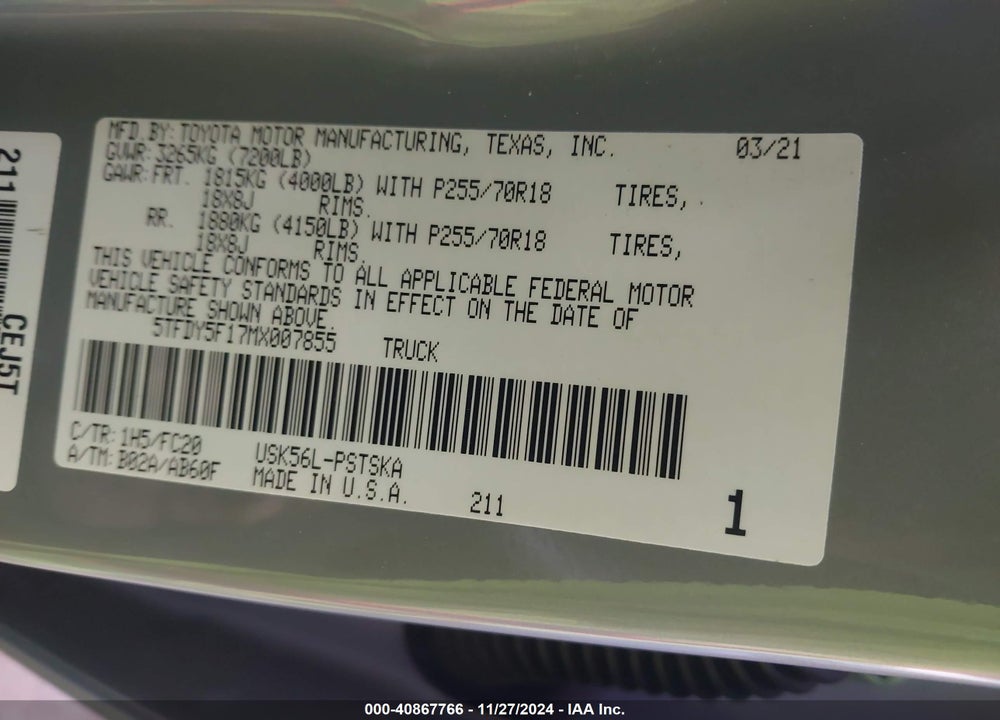 2021 TOYOTA TUNDRA SR5 VIN: 5TFDY5F17MX007855