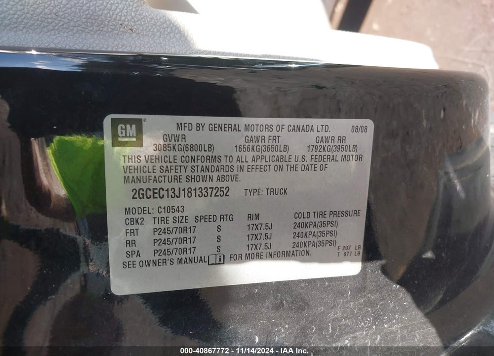 2008 CHEVROLET SILVERADO 1500 LT1 VIN: 2GCEC13J181337252