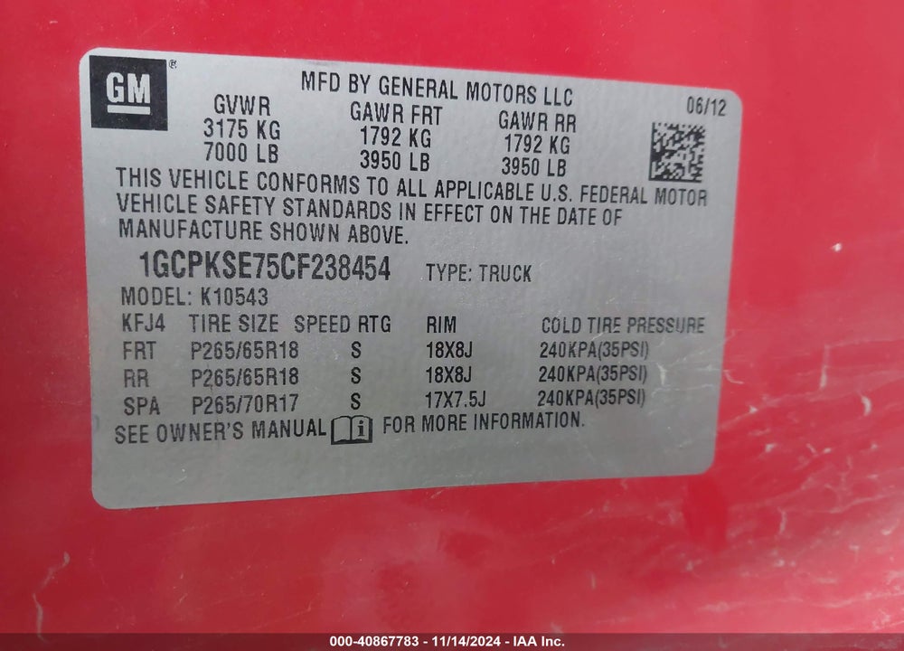 2012 CHEVROLET SILVERADO 1500 LT VIN: 1GCPKSE75CF238454