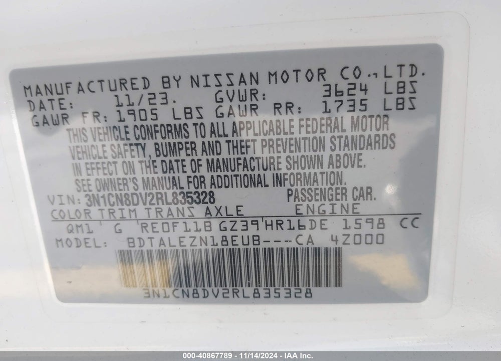 2024 NISSAN VERSA 1.6 S+ VIN: 3N1CN8DV2RL835328