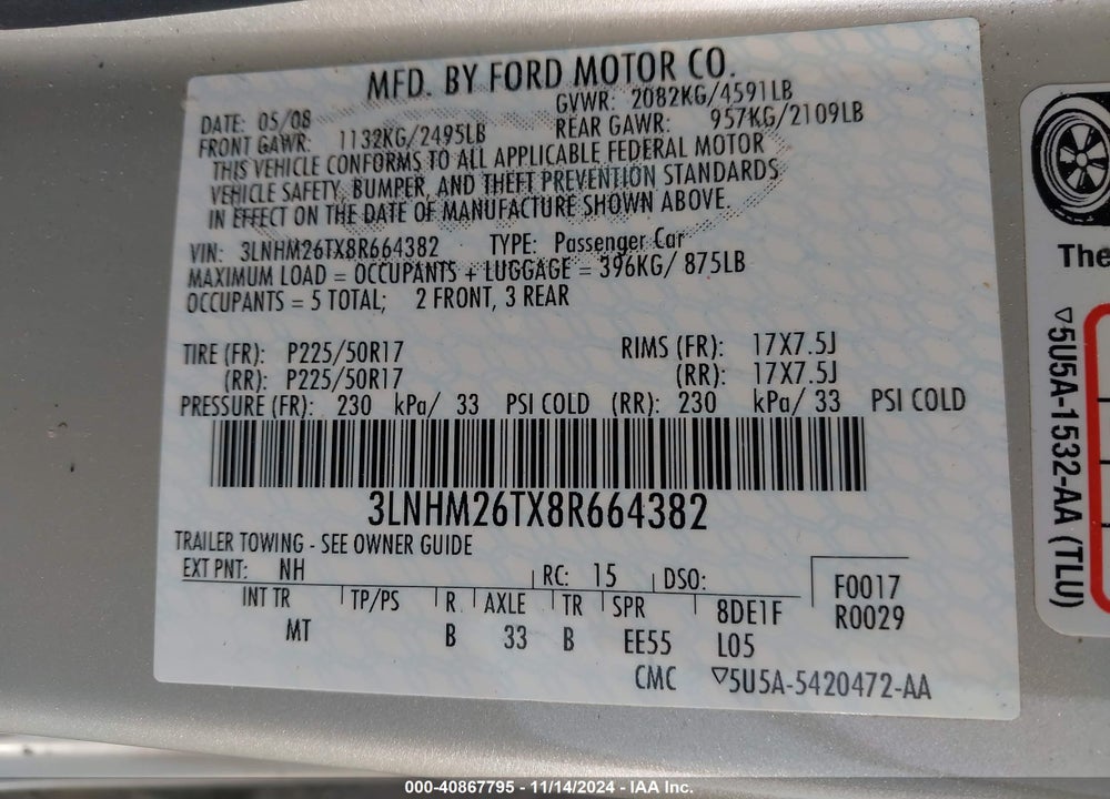 2008 LINCOLN MKZ VIN: 3LNHM26TX8R664382