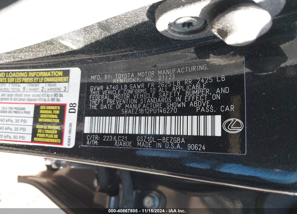 2023 LEXUS ES 350 LUXURY VIN: 58AEZ1B12PU146270
