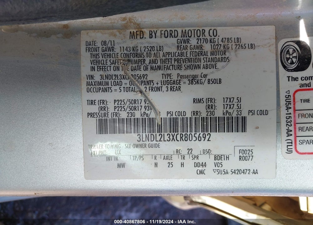 2012 LINCOLN MKZ HYBRID VIN: 3LNDL2L3XCR805692