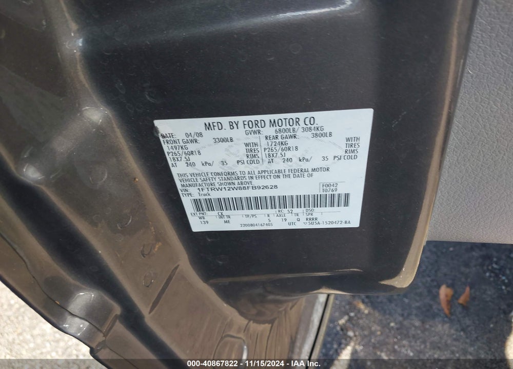 2008 FORD F-150 60TH ANNIVERSARY/FX2/XL/XLT VIN: 1FTRW12W88FB92628