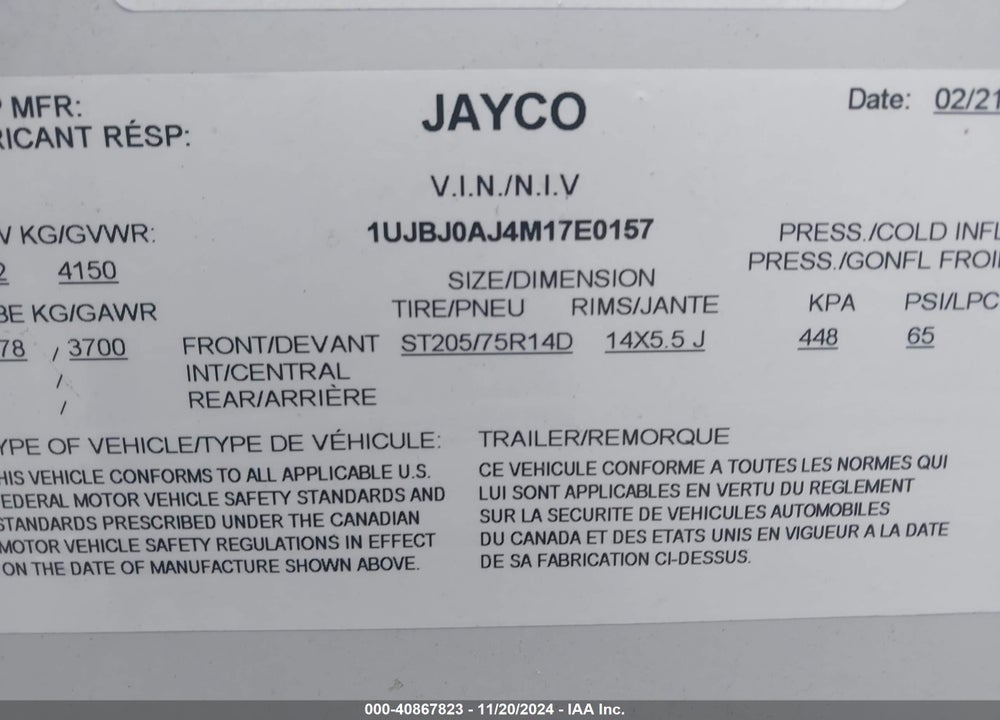 2023 JAYCO CAMPER VIN: 1UJBJ0AJ4M17E0157