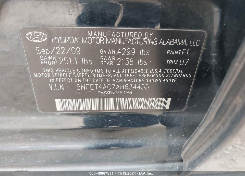 2010 HYUNDAI SONATA GLS VIN: 5NPET4AC7AH634455