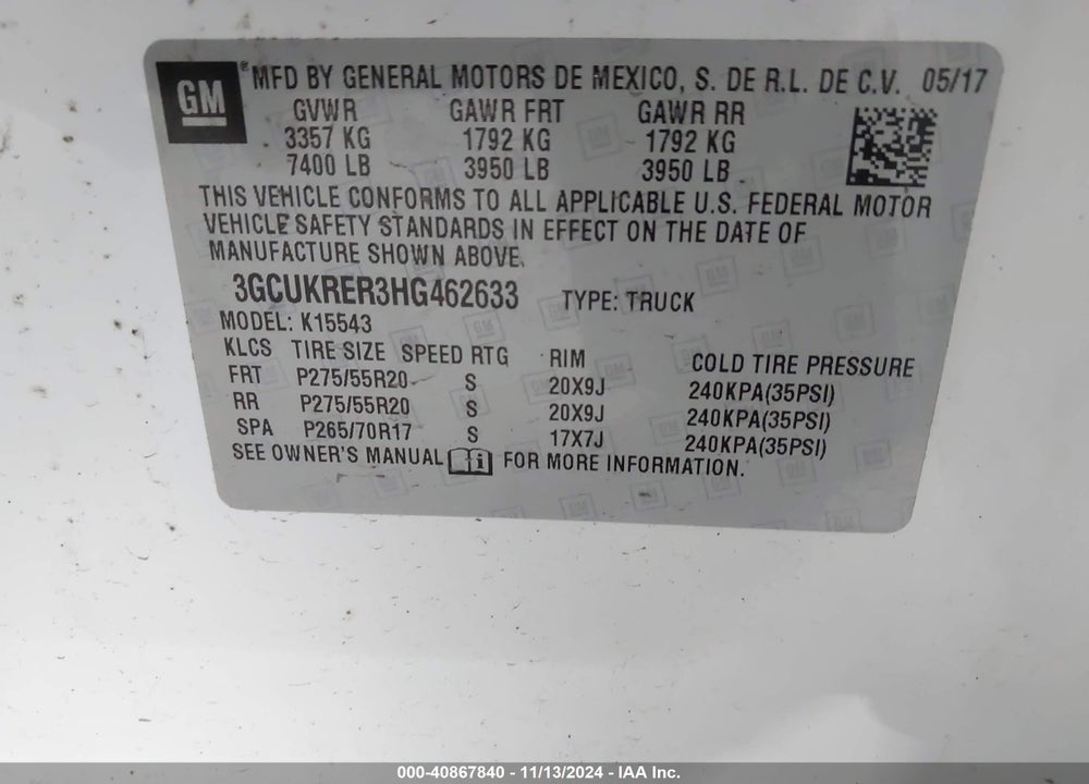 2017 CHEVROLET SILVERADO 1500 1LT VIN: 3GCUKRER3HG462633