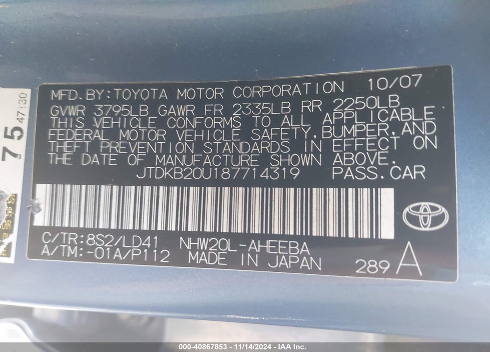 2008 TOYOTA PRIUS VIN: JTDKB20U187714319