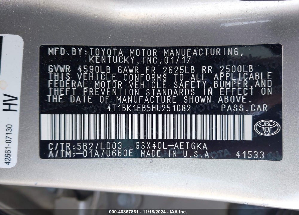 2017 TOYOTA AVALON XLE VIN: 4T1BK1EB5HU251082