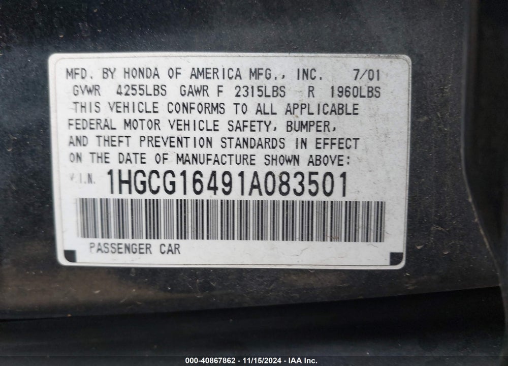 2001 HONDA ACCORD 3.0 LX VIN: 1HGCG16491A083501