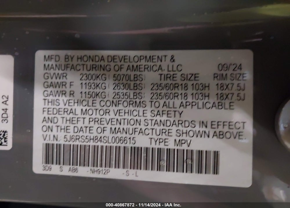 2025 HONDA CR-V VIN: 5J6RS5H84SL006615